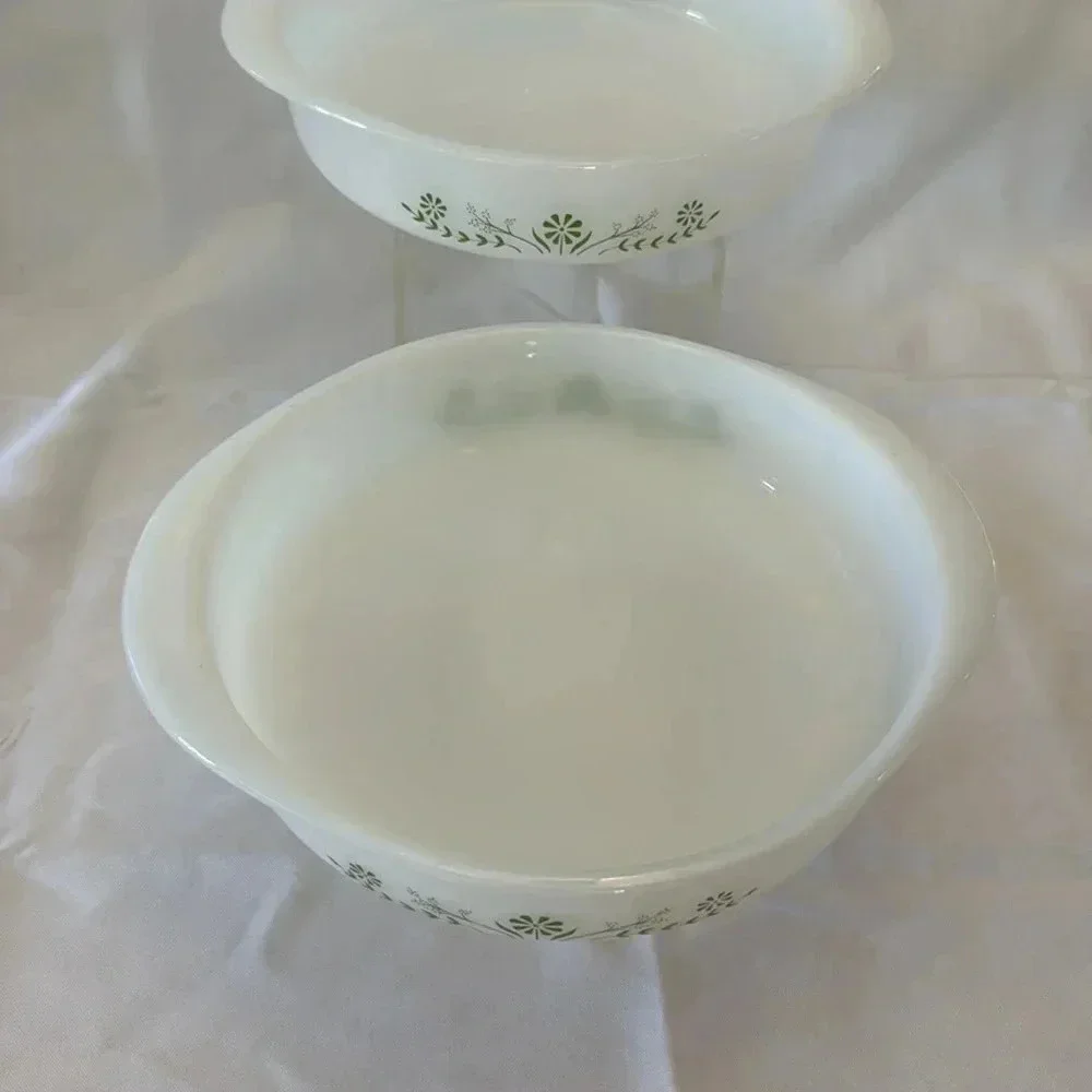 2 - Glasbake 1970s Round 8in Casserole Dishes Green Daisy Milk Glass MCM Kitchen